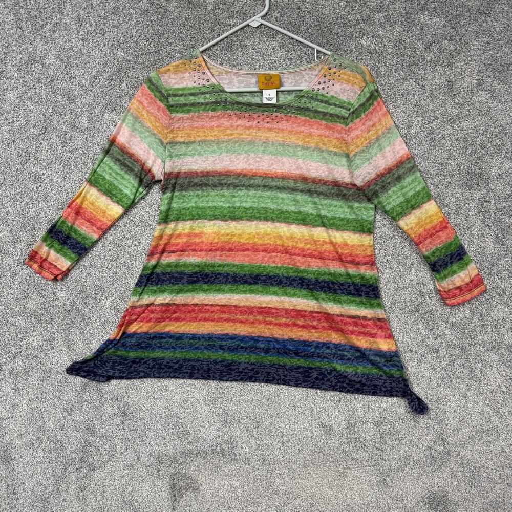 Ruby Rd Tunic Top Womens Small Multicolor Rainbow Stripe Studded Scoop Neck Boho